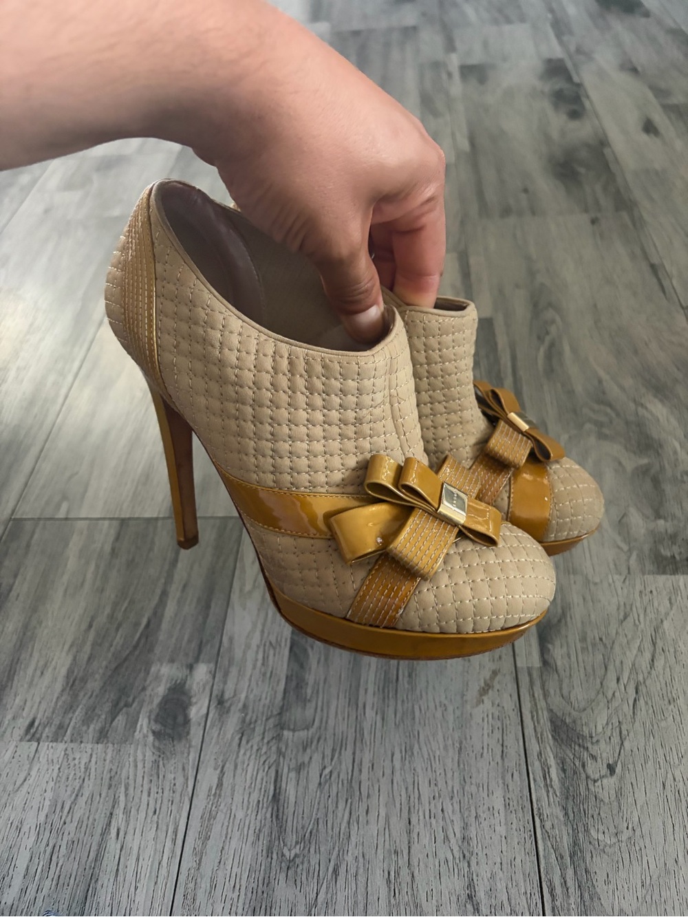 Versace Quilted Tan Platform Stiletto Booties with Patent Bow